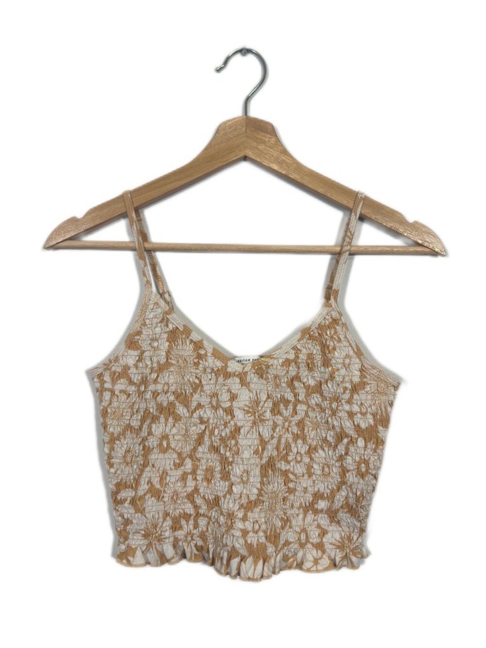 American Eagle Women's Cropped Tank Top Cami Smocked Floral Size S Cream Summer